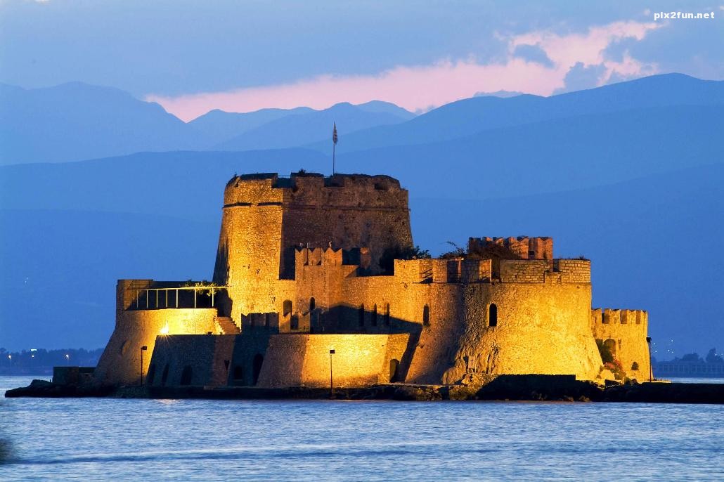 Nauplia, Greece, Bourtzi Island and Fortress at twilight.